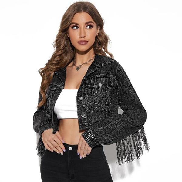 Damfransar långärmad Crop jeansjacka black M