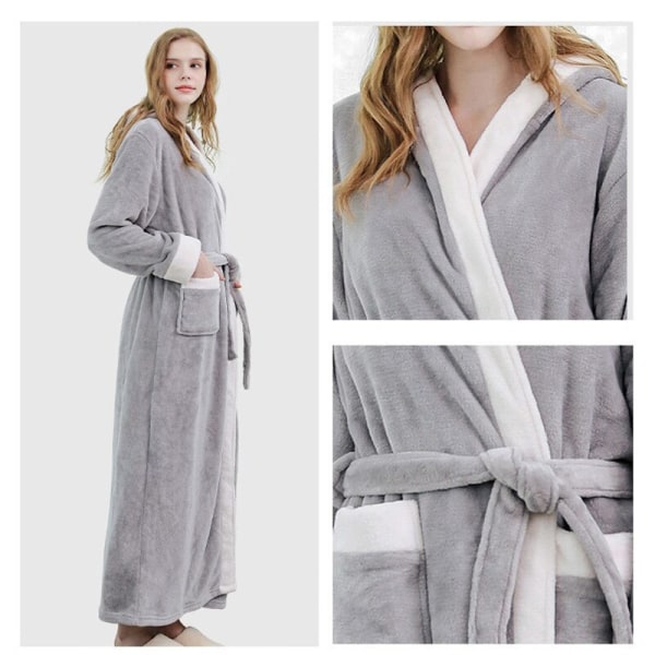 Flannel pyjamas-kåbe med hætte, snøre-natkjole Dark Grey M