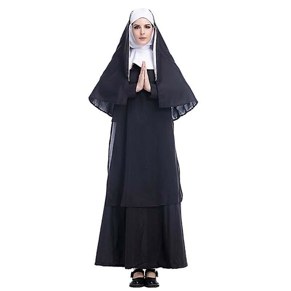 Gyserfilm The Nun Costume Mask Cosplay Voksen Lang Sort Skræmmende Nonne Spøgelsestøj Uniform Skræmmende Halloween Fest Kostumer Rekvisitter Costume with mask XXL