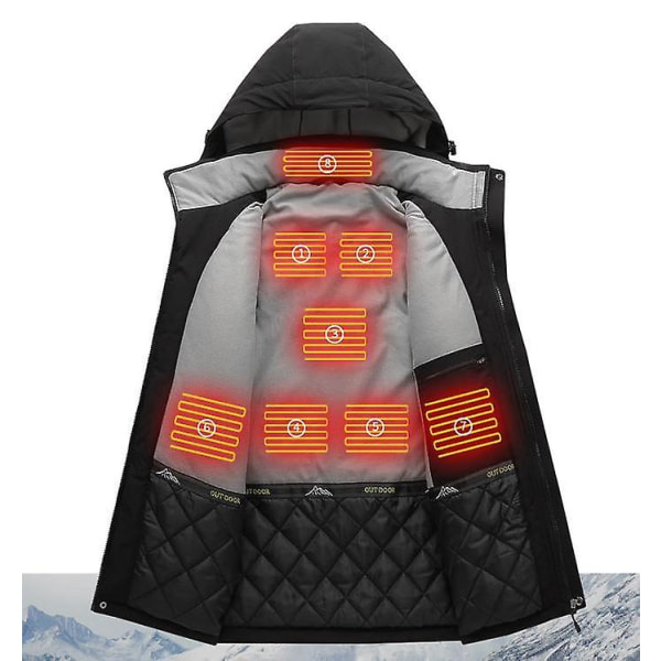 Oppvarmet jakke for menn, 8 varmeområder, utendørs varmjakke Black L