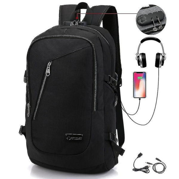 Studenterygsæk Usb Opladning Skoletaske Ungdom Computertaske black