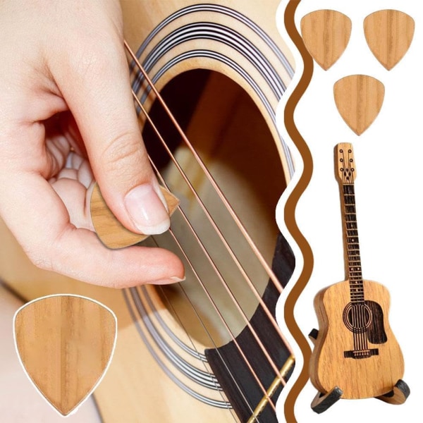 Træguitarplukkesæt med stativ - 3 unikke guitarplukke i indgraveret plektrum, ideel til elektrisk bas, guitar, ukuleleentusiaster