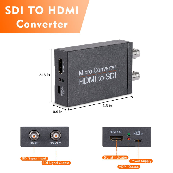 SDI till HDMI-omvandlare Stödjer 3G-SDI, HD-SDI, SD-SDI Automatisk formatdetektering och Stereo Audio De-embedder, SDI Loopout SDI+SDI