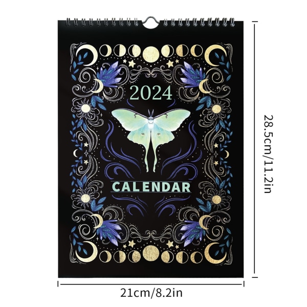 2024 Väggkalender - Dark Forest Lunar Calendar 2024 med 12 illustrationer, svart väggkalender Kreativ rolig månadsväggkalender för hemmakontoret Butterfly