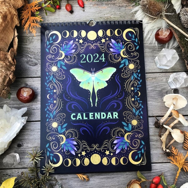 2024 Väggkalender - Dark Forest Lunar Calendar 2024 med 12 illustrationer, svart väggkalender Kreativ rolig månadsväggkalender för hemmakontoret Forest