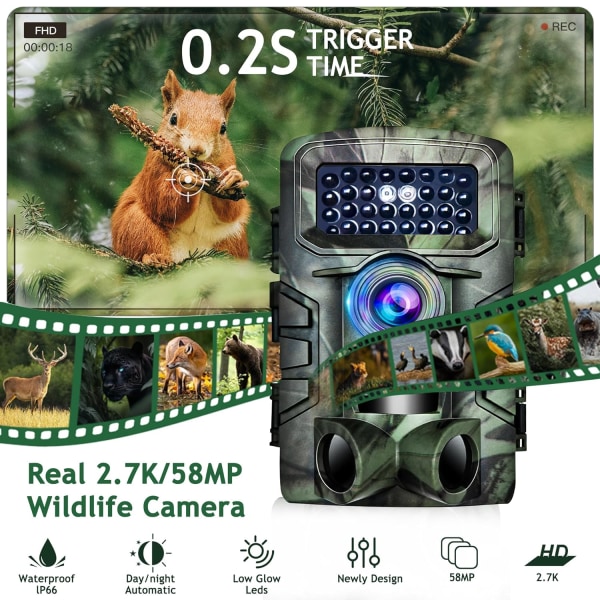 Villieläinkamera, 58 MP Full HD Wildlife -kamera, IP66 vedenpitävä eläinkamera, villieläinkamera 2,0 tuuman videonäytöllä
