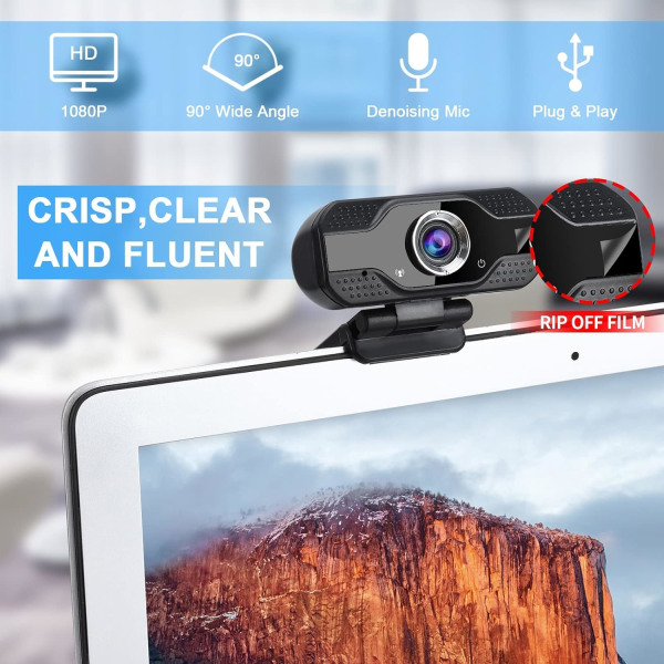 1080P webbkamera med dubbla mikrofoner - vidvinkel USB-kamera för onlinesamtal/konferenser, Zoom/Skype/Facetime, bärbar dator/PC