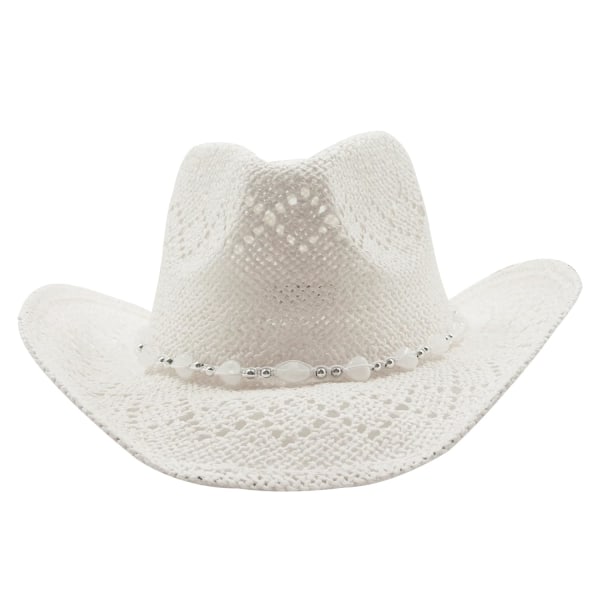 Strå cowboyhatt for kvinner med perlekant og formbar kant White