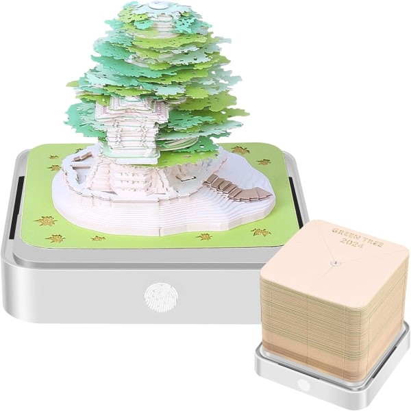 3D-kalenteri LED-valoilla 2024 muistilehtiö taidekalenteri Earth Tree House muistilehtiö Paperiveistotaide kotitoimiston työpöydän koristeluun joululahja B
