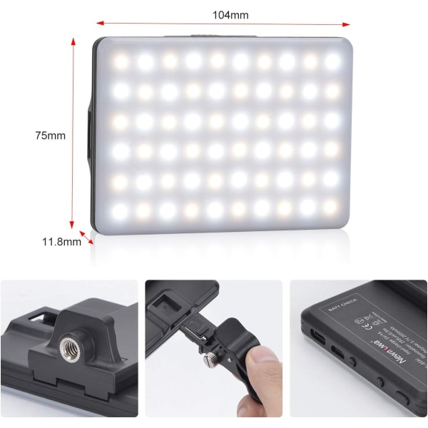 LED 60 professionell videolampa, 3200-5600K justerad 3 ljuslägen Dimbar CRI95+ bärbar lampa för telefon, iPhone, Android, iPad, bärbar dator