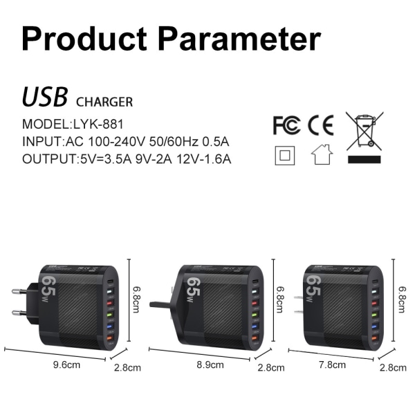 65W USB C Laddare Snabbladdning PD USB-C Typ C Snabb USB EU/US/UK Laddare black US