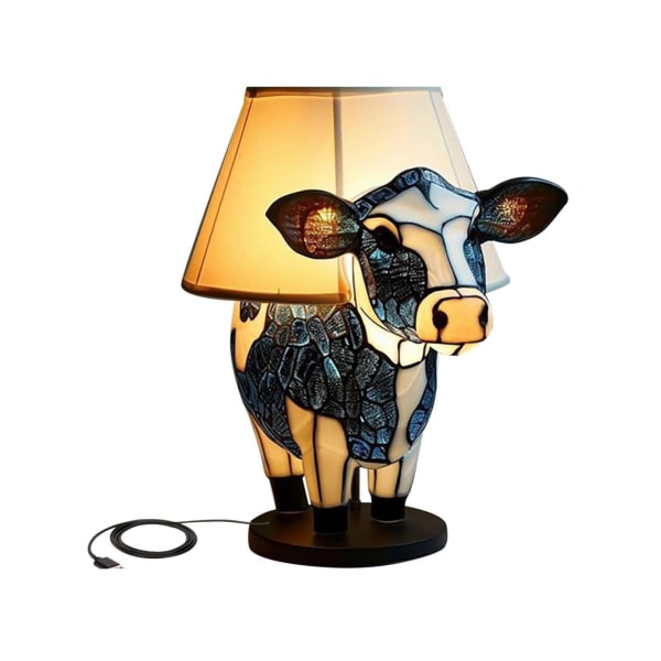 Cute Cow Night Light Skrivbordslampa med USB portar - rolig bordslampa i målat glas för sovrum och heminredning B