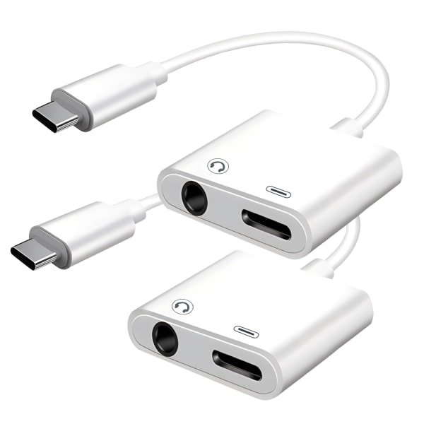 USB C til 3,5 mm hodetelefon- og ladeadapter 2-pakke, 2-i-1 USB C til Aux Jack Dongle-kabelledning med PD hurtiglading