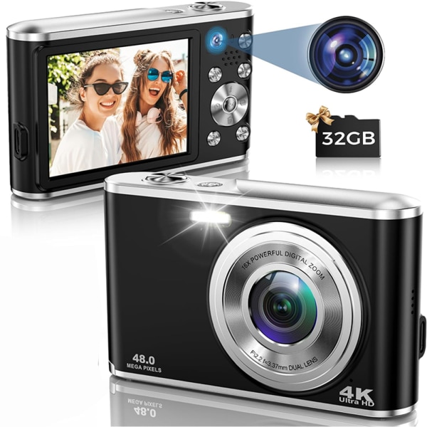 Kompakt 4K-digitalkamera med dubbla kameror och 32 GB minneskort - HD 48MP, 16X digital zoom, 2,8-tumsskärm - Perfekt för nybörjarfotografer White