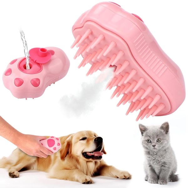 Dampende kæledyrsbørste, dampbørste til hundehår | Kattehår, 3-i-1 selvrensende dampende hundebørste til kæledyrsspray til affald, pleje og massage Pink