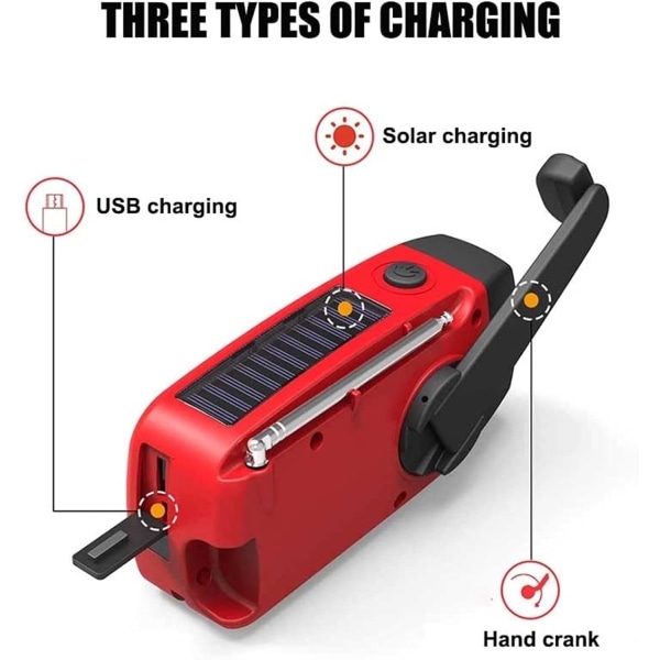 Kompakti aurinkoradio - käsikampi, AM/FM/NOAA, ladattava, 3-LED-taskulamppu - ihanteellinen koti- ja ulkokäyttöön SOS! Red