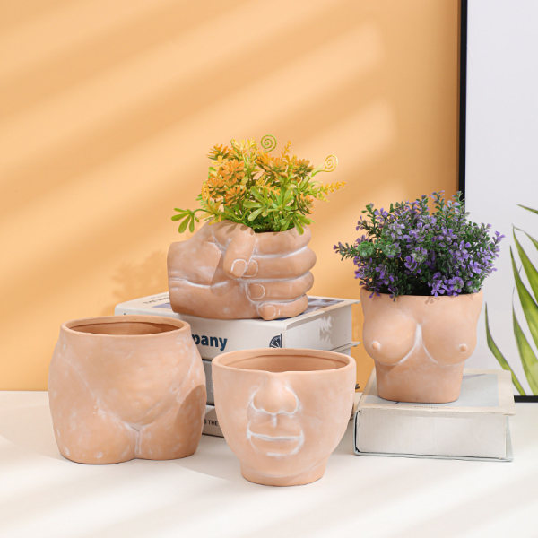 Terracotta lerpotte med dræning - Dekoration af potteplanter - Minimalistisk, nordisk, kropsform, røvpotte, kunstnerisk, moderne, fræk Crotch