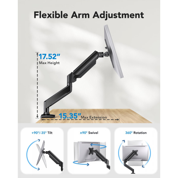 Höjdjusterbart fäste för en bildskärm - Passar 13″–32″ skärmar upp till 22 lbs. Full Motion Arm med C-Clamp & Grommet Base. VESA-kompatibel black