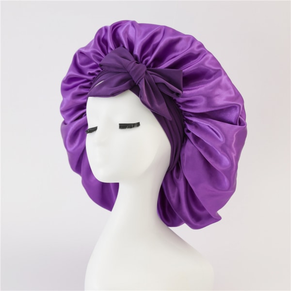 Silke hætte til sovende kvinder Satin hætte hår hætte nattesøvn cap tørklæde wrap til krøllet hår med bindebånd Sort deep purple
