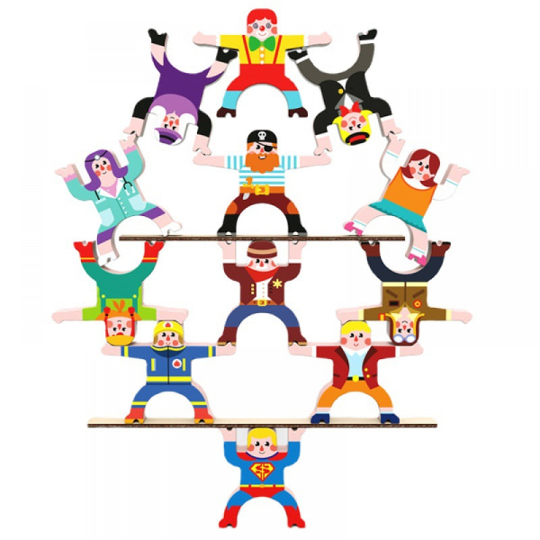 Stablelegetøj i træ - Cirkus Akrobatisk Troupe-tema - Balancerende byggeklodser - Sjovt puslespil for børn og voksne - Julefestspil B