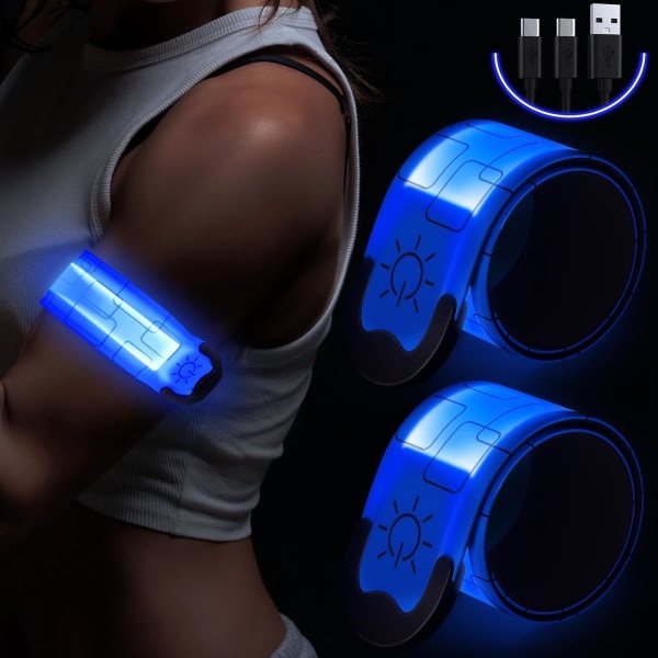 Uppladdningsbart LED-armband för nattlöpning (2-pack) - Reflexutrustning med hög synlighet - Justerbara ljusband för löpare blue