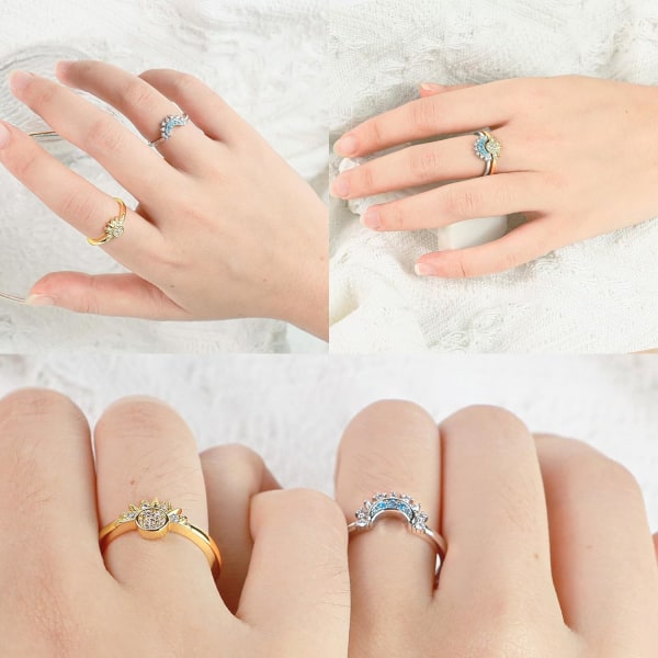 Sun and Moon Ring Set - Stapelbara ringar för kvinnor, justerbara himmelska smycken som vänskapsringar - Perfekta presenter till bästa vänner och tonårsflickor