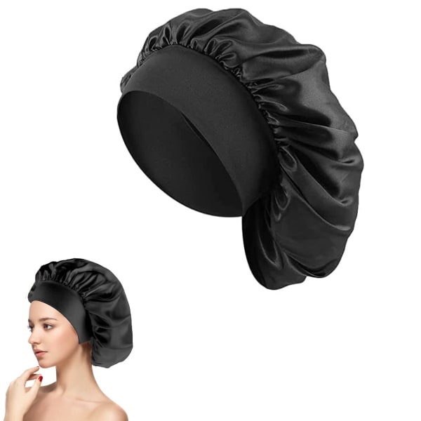 Satin Silk Bonnet för att sova, Satin Silk Hair Bonnets för sovande kvinnor, Svart Widesoft Band Satin Sleep Cap Hårinpackning för lockigt hår duschmössa
