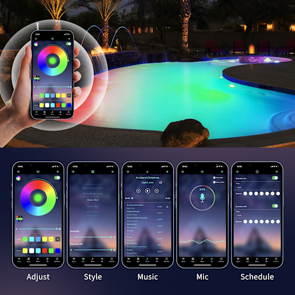 LED-poolbelysning, nedsænkelig LED-poolbelysning til indbyggede pools, vandtæt IP68, med APP-styring 12W RGB-farveskiftende poolbelysning musiksynkronisering EU Plug