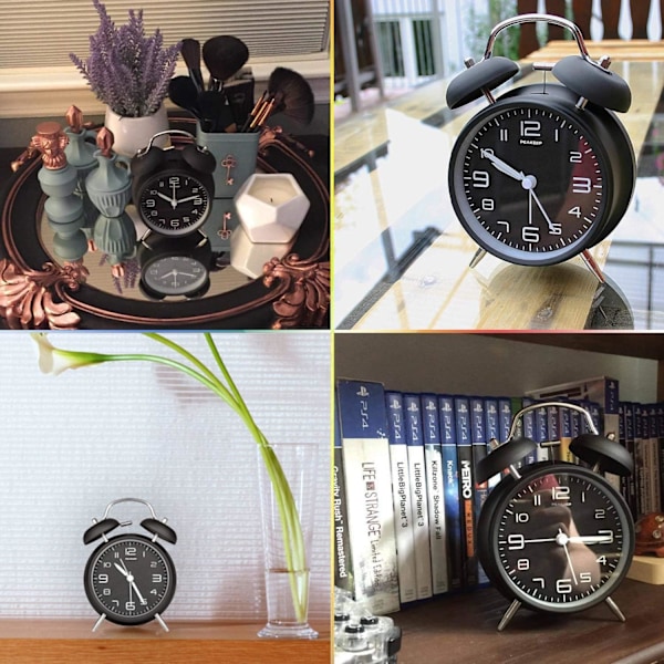 Sommer Udsalg 4 Tommer Dobbelt Klokke Høj Alarm Clock til Tunge Sovere, Baggrundslys, Batteridrevet Gammeldags Vækkeur til Soveværelse (Sort)