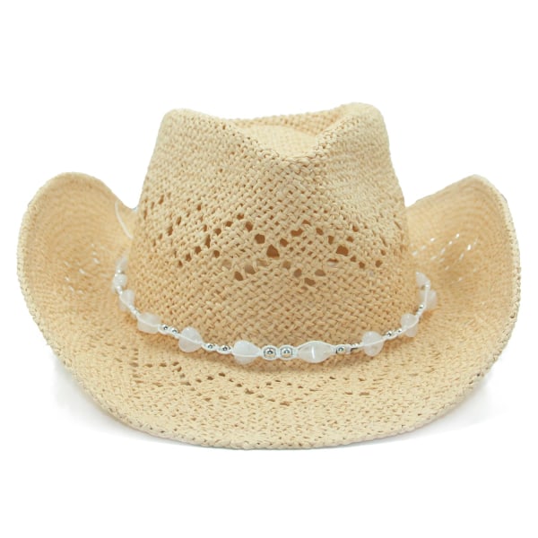 Strå cowboyhatt for kvinner med perlekant og formbar kant Beige