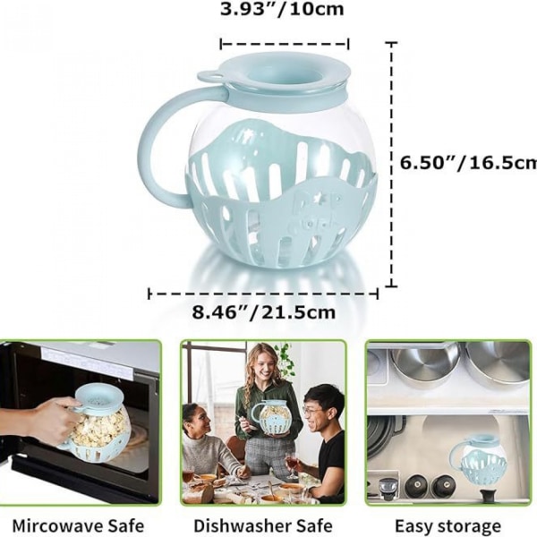 Popcornpopper i glas i mikrovågsugn, 2,25QT original popcornburk med silikonlock, BPA-fri, tål diskmaskin