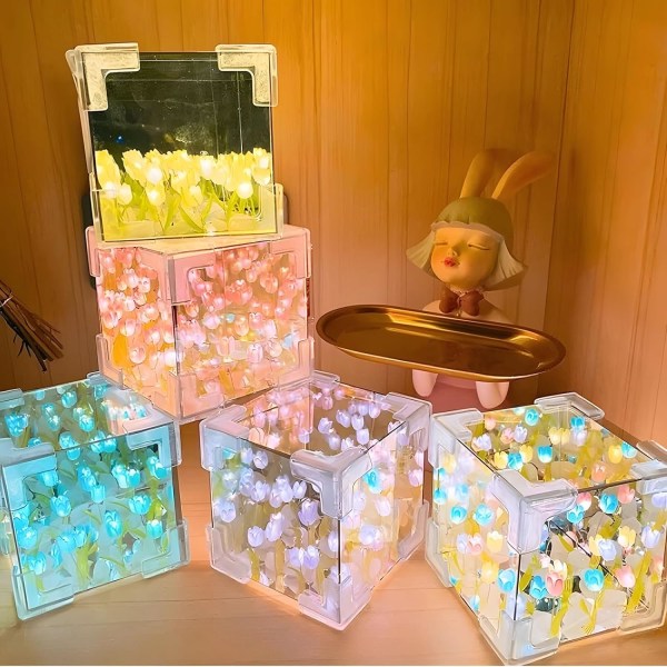 2024 Ny DIY Tulip Cube Mirror Lamp - Kreativ nattlysgave til soverom, tenåringsjenter, par, venner, barn. Lys opp med stil Blue