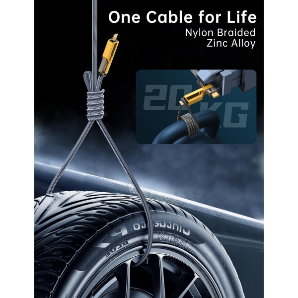 4-i-1 Lightning & USB C-kabel - 65W hurtiglading og dataoverføring. Flat flettet ledning for iPhone/iPad. Kompatibel med iPhone 15/Pro/Plus/Pro Max 1M