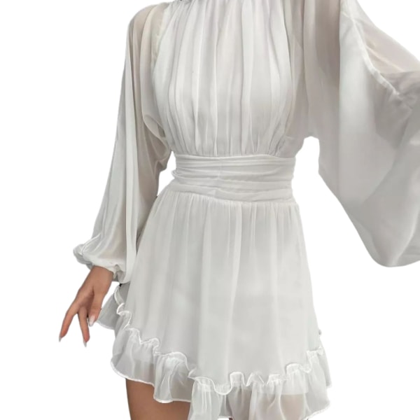 Kvinners uformelle skilpaddekjole Langermet høy midje Ruffled A Line Tunika Flytende Fest Minikjole Swing Kort kjole White M