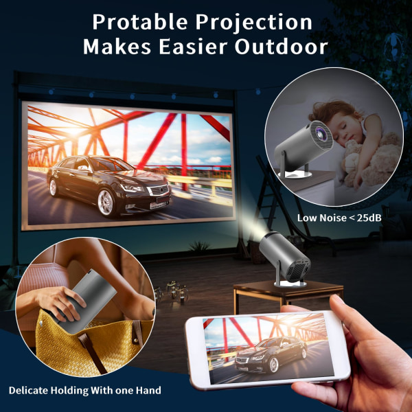 Kannettava miniprojektori, HY300 4K -projektori automaattisella trapetsikorjauksella, 2.4/5G WiFi Bluetooth 5.0 260ANSI Android 11.0, 130 tuuman näyttö, 180 asteen kierto White