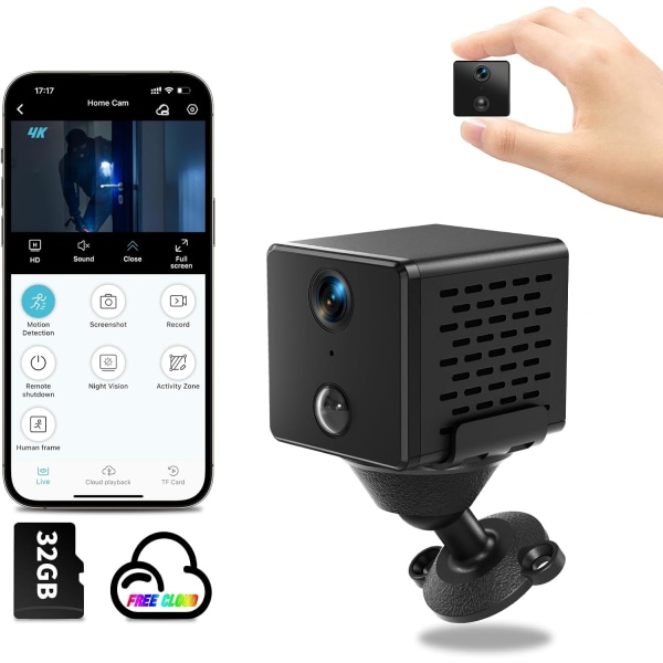 2024 WiFi minikamera - skjult spionkamera med gratis skylager, 32G SD-kort, 4K HD, 150 dages standby, AI-bevægelsesdetektion