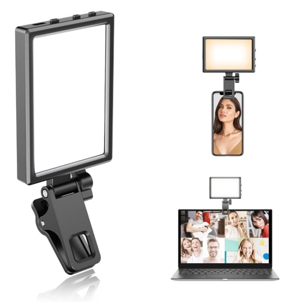 Uppladdningsbar Selfie-lampa med klämma och adapter för selfies, videokonferenser - iPhone-kompatibel - Bärbar LED-lampa för foton och videor