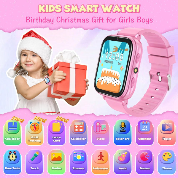 Kids Smart Watch - Pædagogisk legetøj med lydbogsindlæringskort, puslespil - HD-berøringsskærm, kamera, musik, skridttæller, lommelygte Purple