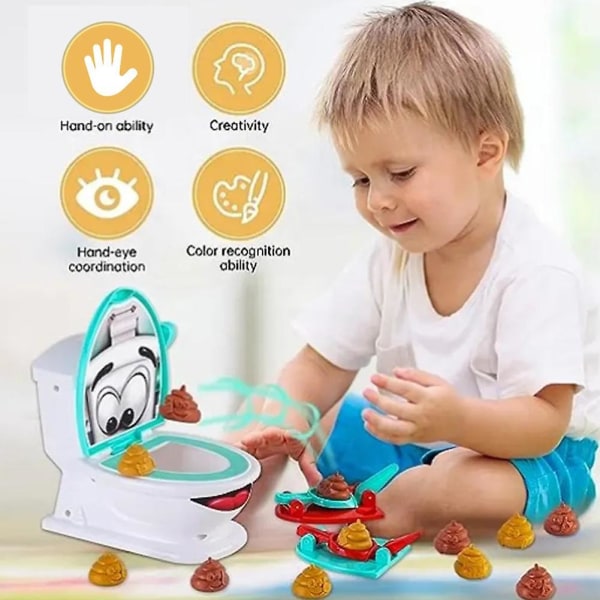 Poop Shoot-legetøj til børn, kreativt toilet-poop-legetøj, sjovt familiespil, inkluderer 12 poops, 2 løfteraketter og et klistermærke