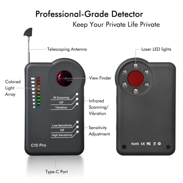 Professionel kameradetektor C10 Pro - Bug RF-detektor, Skjult kamerafinder, Anti-Spy Sweeper, GPS Tracker og Lytteenhedsdetektor White