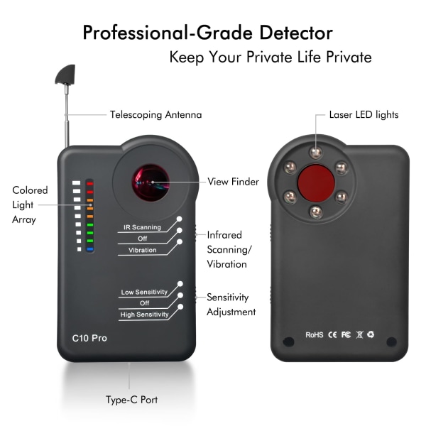 Professionel kameradetektor C10 Pro - Bug RF-detektor, Skjult kamerafinder, Anti-Spy Sweeper, GPS Tracker og Lytteenhedsdetektor white-1