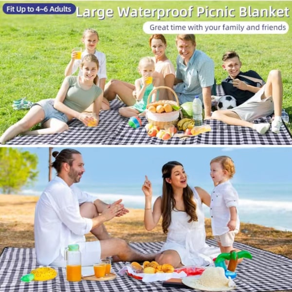 Stor vattentät picknickfilt: 80''x60'' Vikbar 3-lagers design, sandtät plädmatta för strandcamping black and white plaid 80x80in