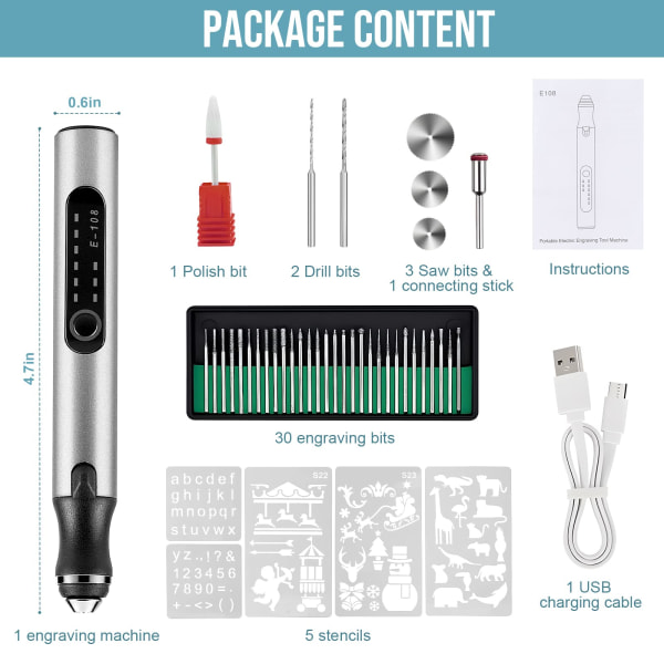 Genopladelig graveringspen, mini elektrisk graveringsmaskine ætsemaskine Trådløs roterende værktøj gravering smykker ædelsten metal plastik træ harpiks model E