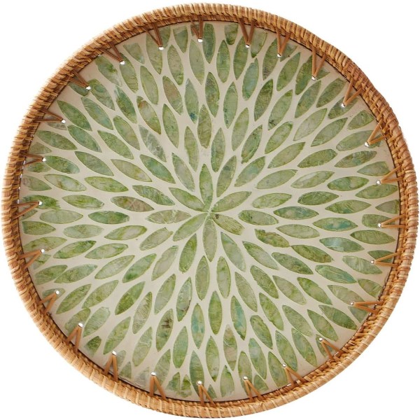 Dekorativ rattanbakke med perlemor indlæg - perfekt til servering, opbevaring og bordindretning white leaves