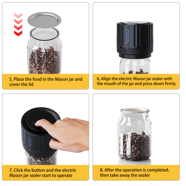 Elektrisk Mason Jar Vacuum Sealer Kit - Inkluderer boksåpner, vanlige og brede munnlokk - Food Saver Machine
