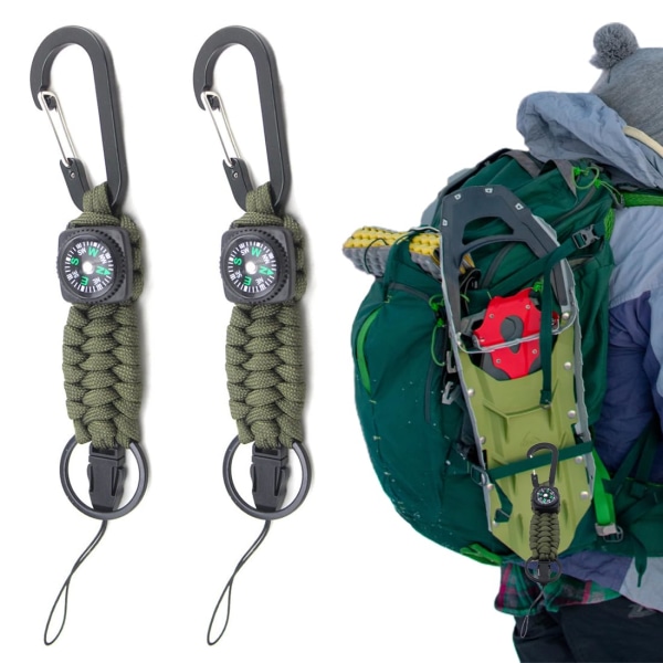2 stk. Paraply Rope Point Nål, Survival nøgleringe med klatrespænde og kompas, bjergbestigningsspænde kompas, udendørs camping 2 pcs