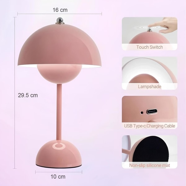 LED batteri bordlampe, trådløs, berøringsdæmpbar svampebordslampe med 3 lysstyrketilstande, dekorativ retro skrivebordslampe til soveværelse, kontor, barer C - Pink