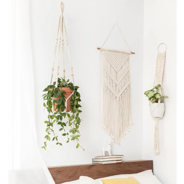 Macrame växthängare Hängande planteringskorg inomhus med träpärlor Dekorativ blomkrukhållare Inga tofsar för inomhus utomhus Boho heminredning 35 tum 2 Black