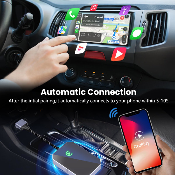 CarPlay trådløs adapter, kablet CarPlay CarPlay Auto, støtter online oppdatering Plug and Play, enkel å bruke, egnet for bil Apple CarPlay
