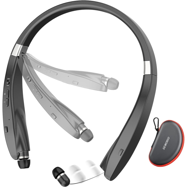 2023 päivitetty taitettava Bluetooth kuuloke – sisään vedettävät kuulokkeet, melunvaimennus, mikrofoni – langaton niskanauha urheiluun, kuntosali – case Black